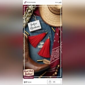 New Red Boho Cowgirl Western Dangle Earrings Gold